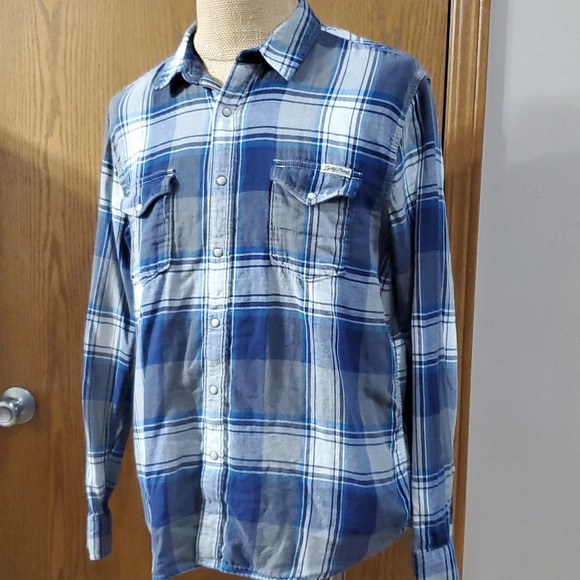 Lucky brand soft blue grey flannel shirt plaid snap up - Picture 2 of 8